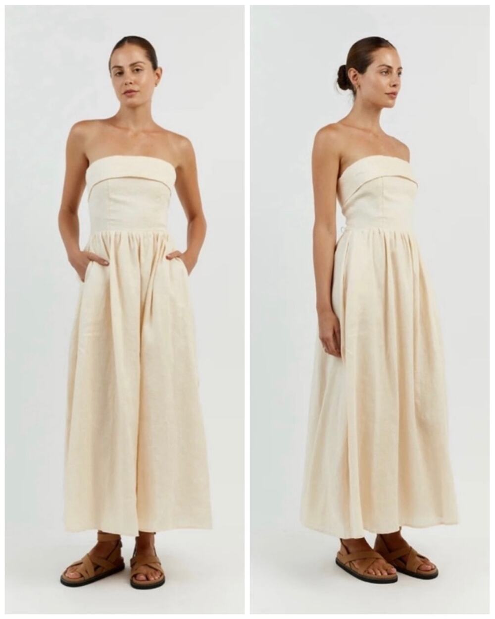 DISSH Allie Strapless Linen Midi Corset Waist Smocked Dress Butter Neutral US8
